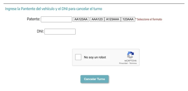 Pantalla para cancelar el turno de la VTV en Munro con patente y DNI